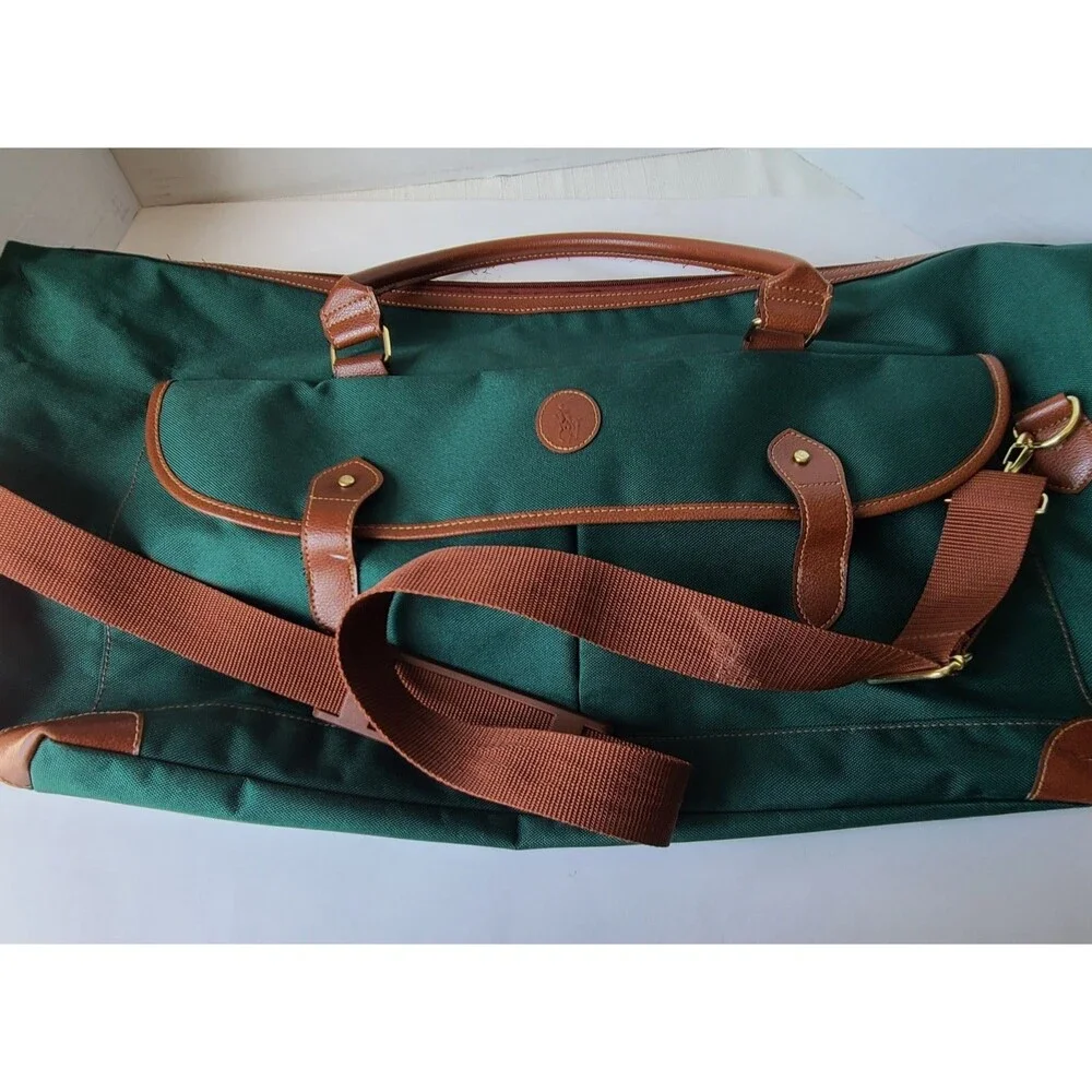 Polo Ralph Lauren Green Canvas Leather Trim Garment Duffle Bag Carry On Travel